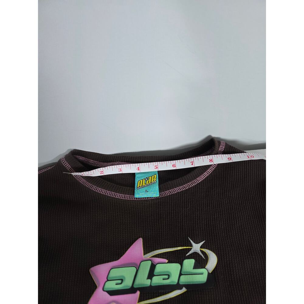ALAB Thermal Shirt Womens Large Brown Pink Y2K Waffle Knit Graphic Long Sleeve - Picture 5 of 9